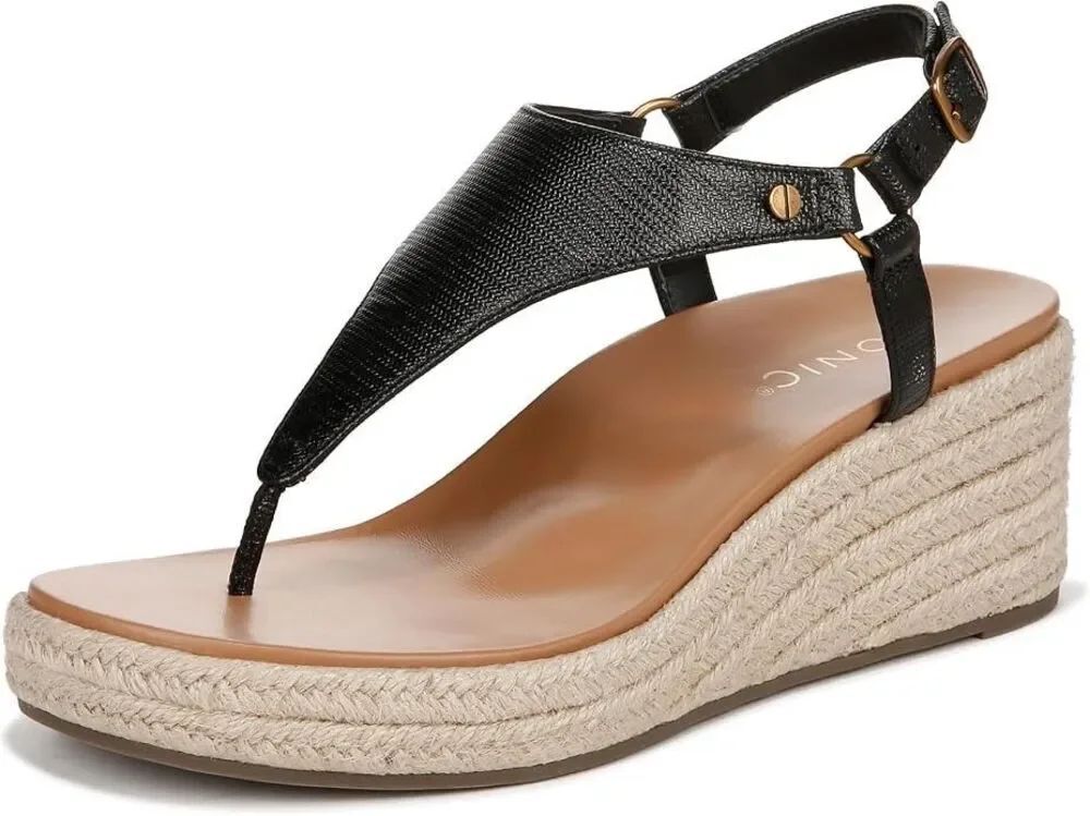 Vionic Kirra Leather Ankle Strap Jute Orthaheel Wedge Sandal Thong Black 9.5